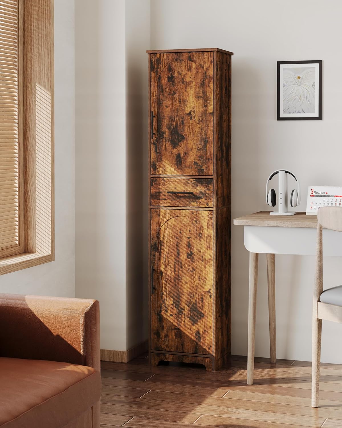 Tall Bathroom Storage Cabinet, Floor Cabinet with 2 Doors, 4 Adjustable Shelves, Narrow Tall Corner Cabinet