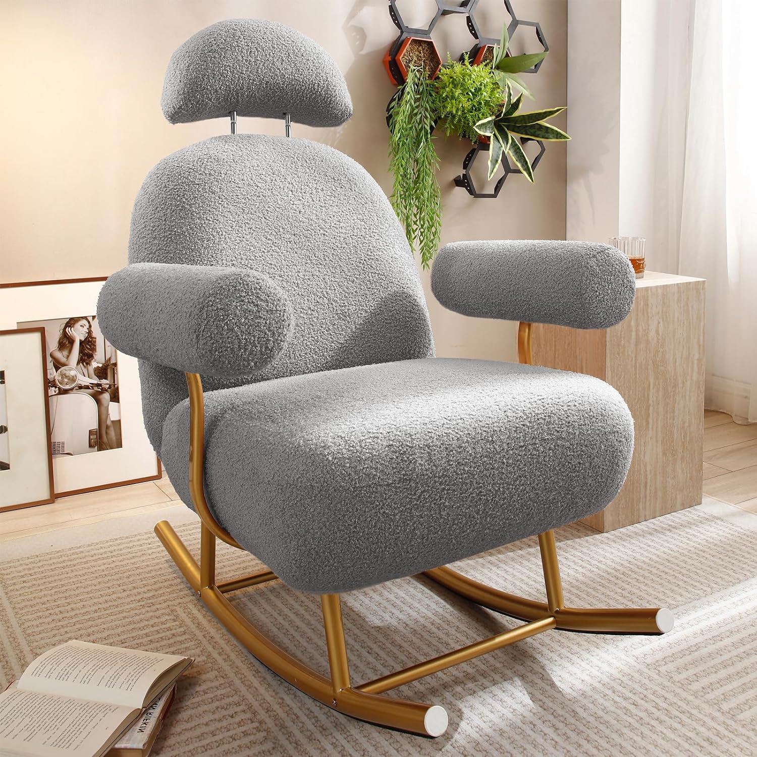 Nursery Rocking Chair, Modern Sherpa Upholstered Fabric Glider Rocker, Rocking Chair for Nursery, Comfy Armchair with High Backrest, Leisure Sofa Chair for Living Room Bedroom (Grey)