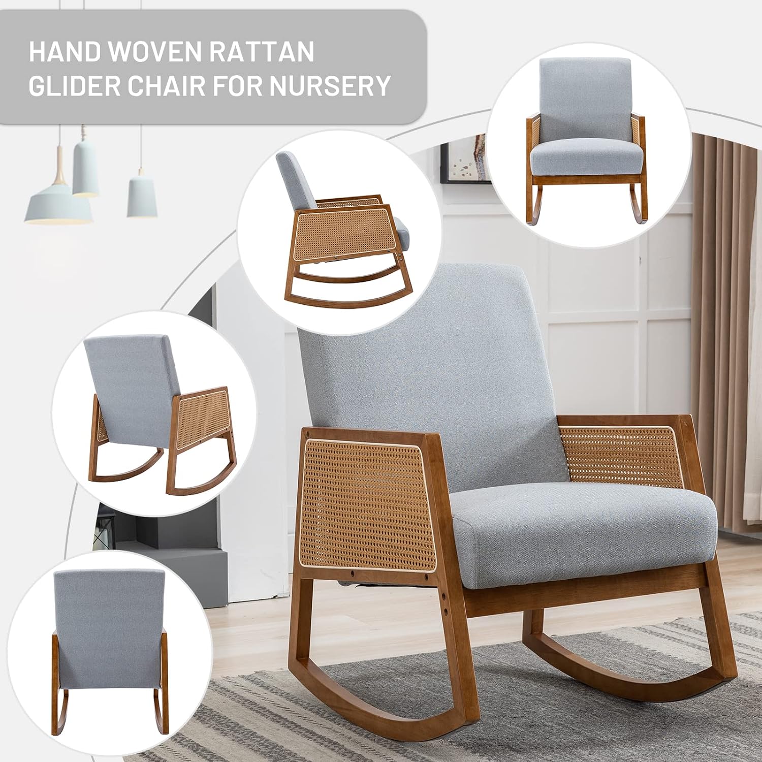 Nursery Rocking Chair with Wood Frames, Mid Century Upholstered Farmhouse Living Room Armchair, Comfy Glider Rocker for Nursery Living Room Bedroom Reading Indoor (Light Grey)
