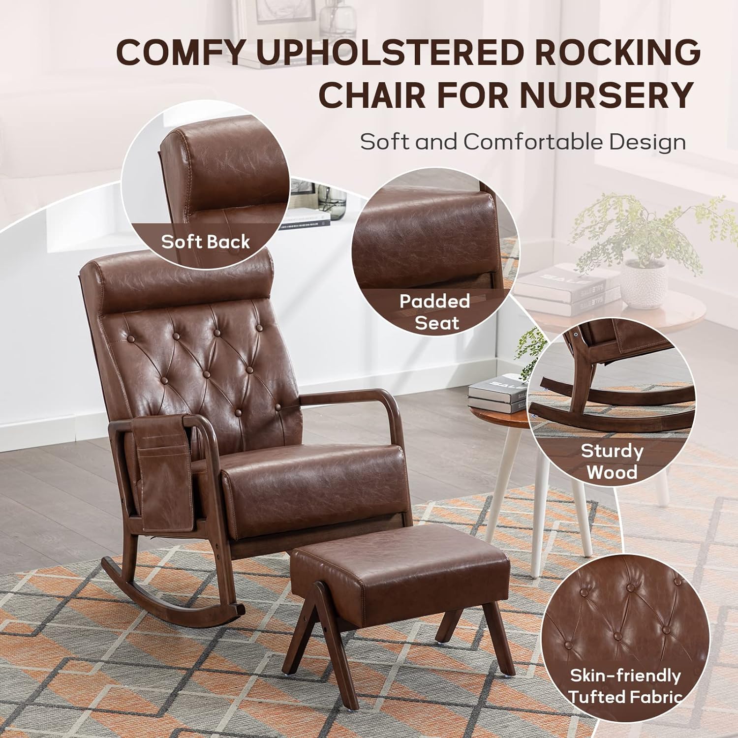 Nursery Rocking Chairs with Ottoman, Upholstered Glider Chair with Rubber Wood Legs and Side Pocket, Mid-Century Rocking Accent Chair for Living Room Bedroom (Brown PU)