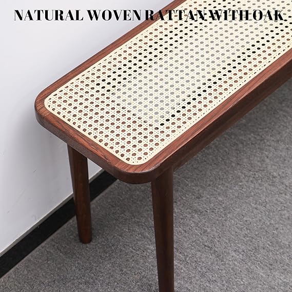 Wood Dining Bench,100% Natural Solid Oak Bed Bench with Rattan Design, Rounded Edge, Bench for Entryway Hall, Dining Room,Bedroom, Living Room (Walnut Color, 47.24 inch)