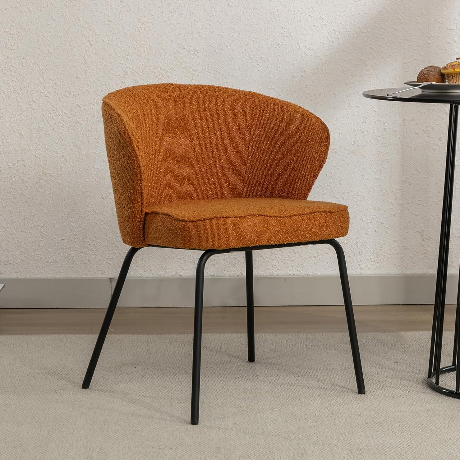 Modern Dining Chair, Boucle Upholstered Side Chair with Curved Backrest, Accent Chair with Metal Legs, Comfy Leisure Chair, Vanity Chair for Dining Room (Caramel, 1 Chair)