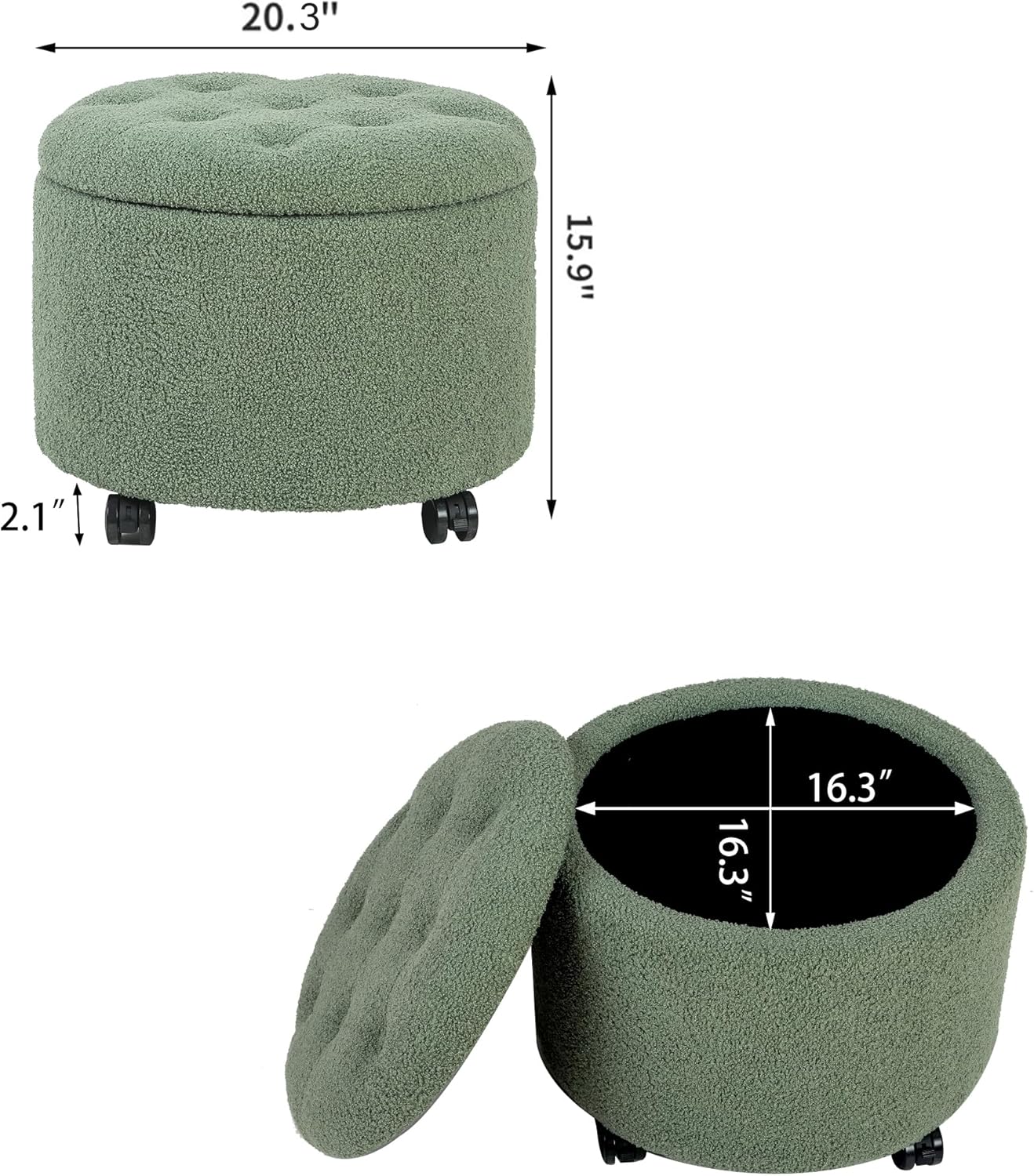 Teddy Fleece Cushion Round Button Tufted Storage Footstool, Height 16 Inches Storage Ottoman
