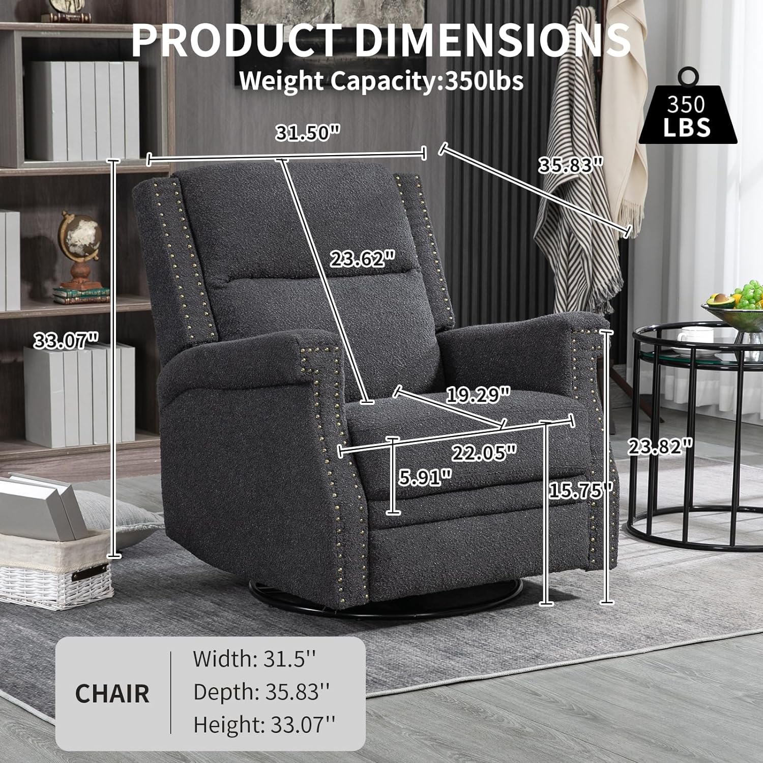 Nursery Rocking Chair, Upholstered Recliner Chair with Rivet Decoration, 360 Degree Swivel Chair with Adjustable Footrest, Glider Chair for Living Room, Bedroom (Black)