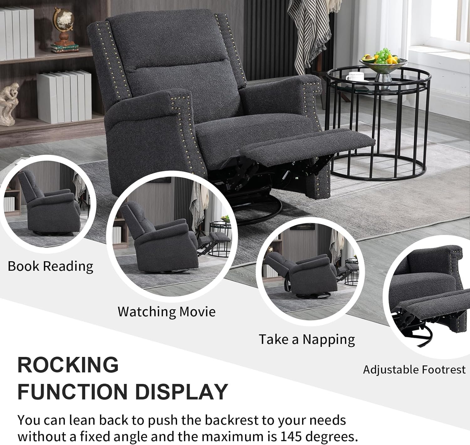 Nursery Rocking Chair, Upholstered Recliner Chair with Rivet Decoration, 360 Degree Swivel Chair with Adjustable Footrest, Glider Chair for Living Room, Bedroom (Black)