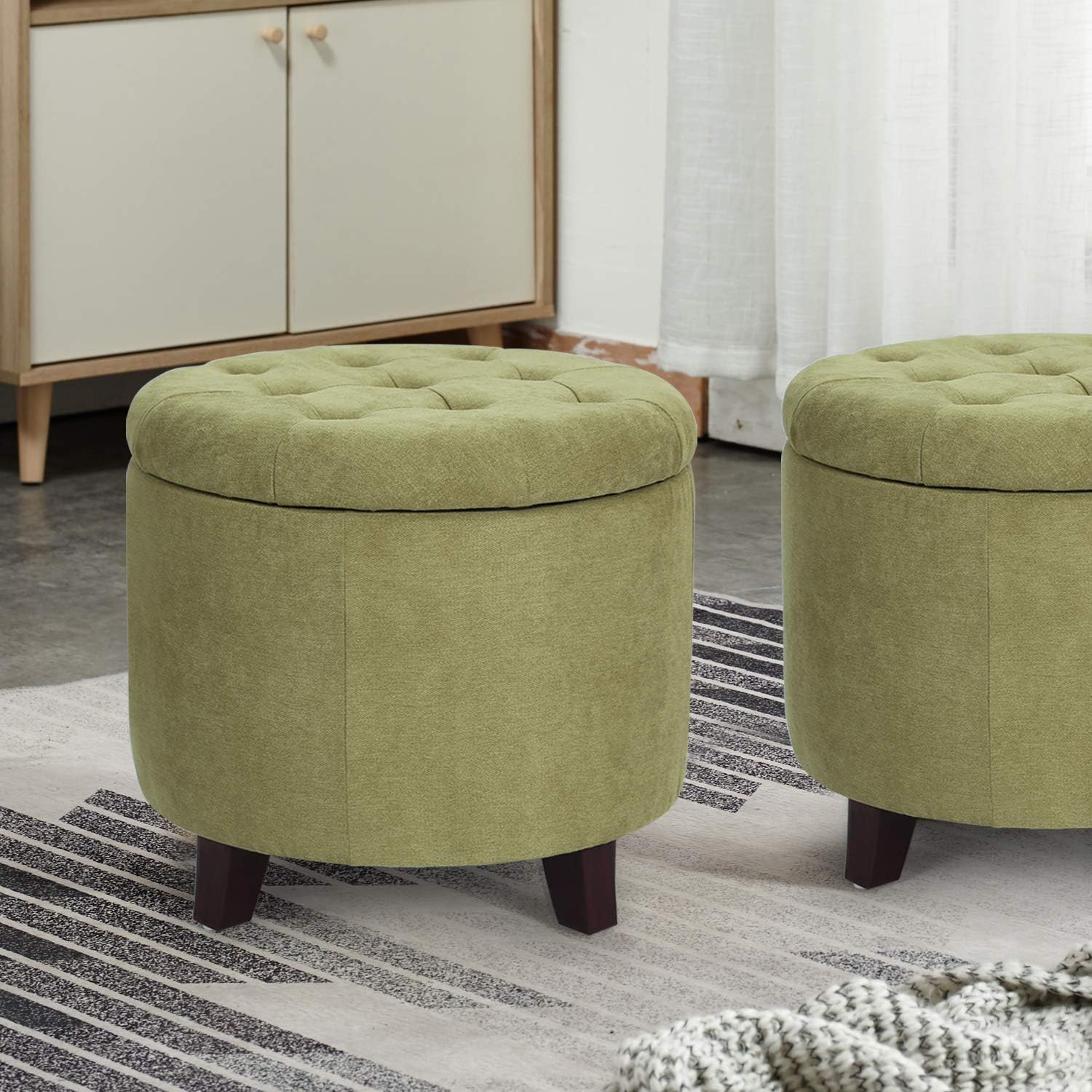 Fabric Cushion Round Button Tufted Lift Top Footstool