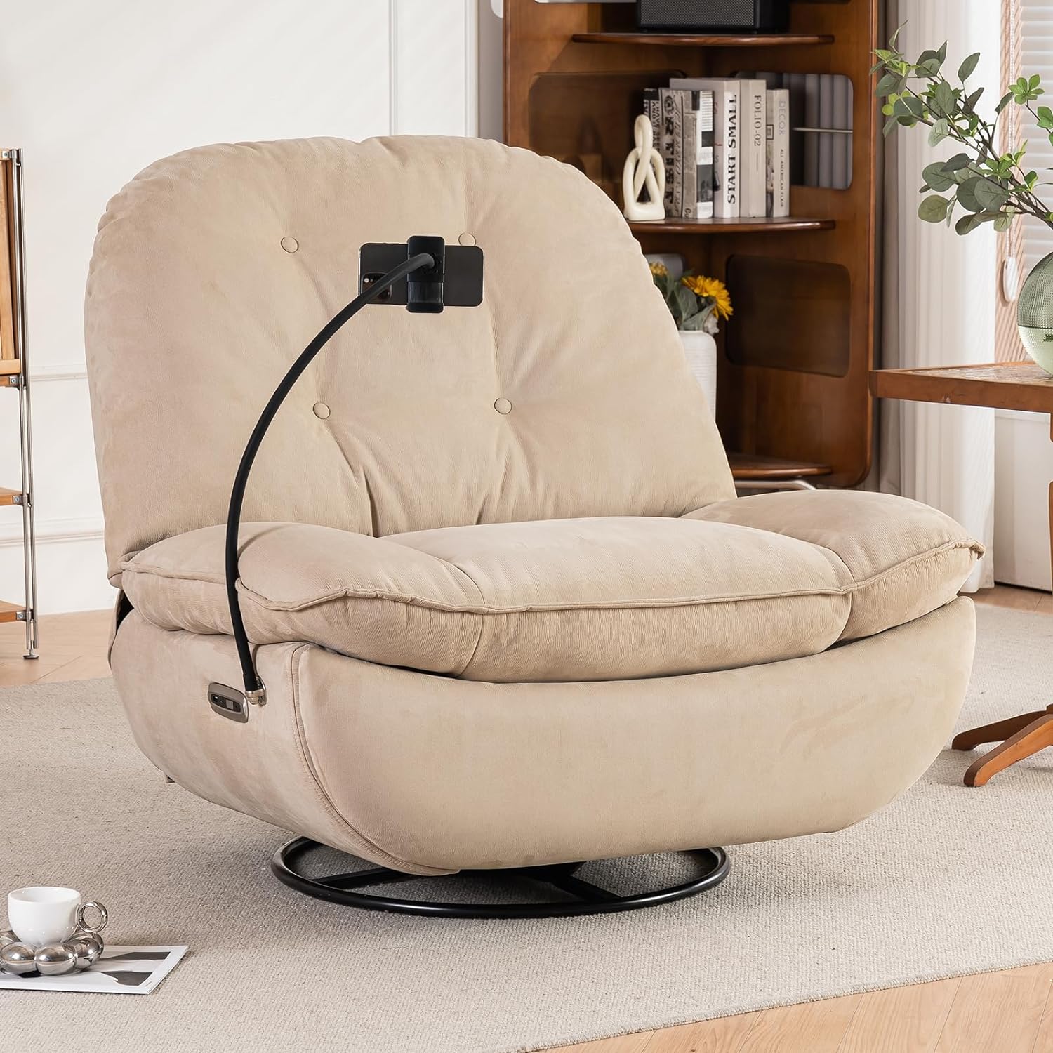 Electronic Recliner, 360 Degree Swivel Glider Rocking Chair with USB Charger, Swivel Single Sofa Seat with Bluetooth, Home Theater Recliner Seat with Phone Holder (Camel)