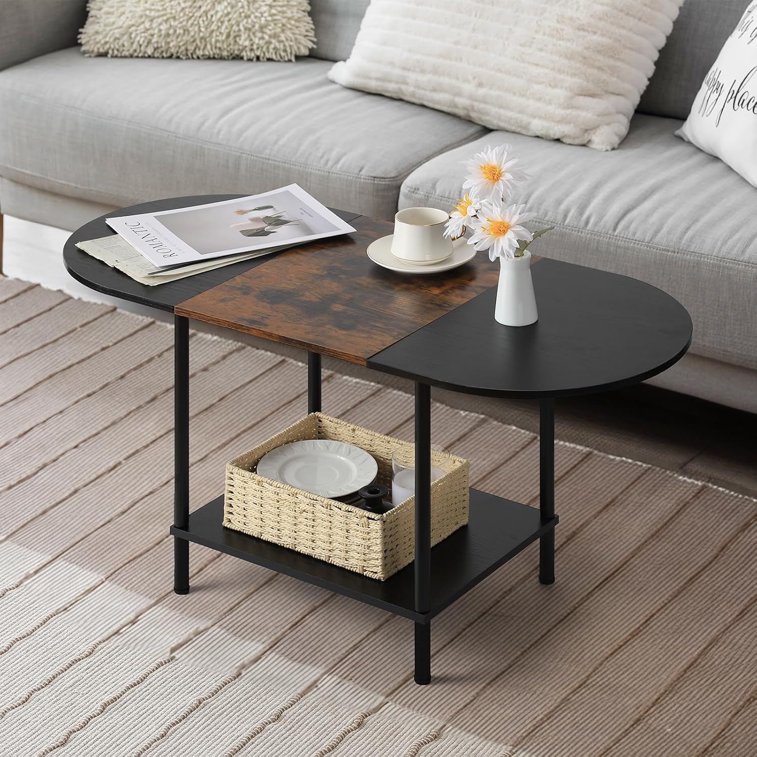 Coffee Tables for Living Room,2-Tier Small Oval Center Table Industrial Modern Style Coffee Table