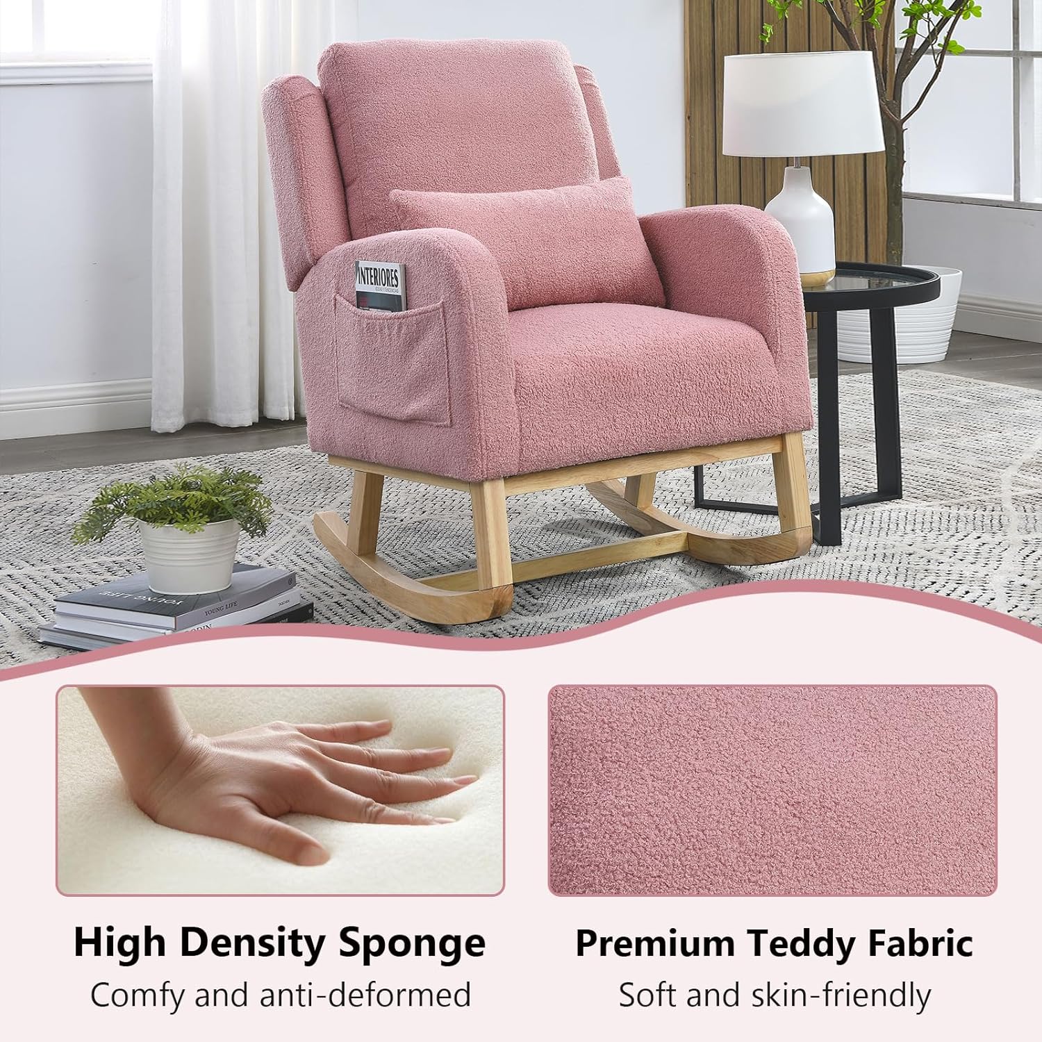 Nursery Rocking Chair, Modern High Back Armchair with Side Pockets, Glider Rocker with Padded Seat, Lumbar Pillow and Wood Base, Accent Chair for Living Room, Bedroom (Pink Teddy)