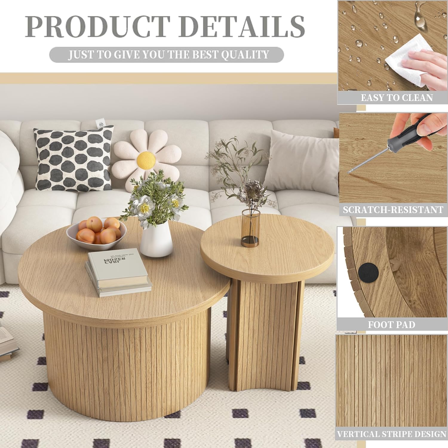 Set of 2 Nesting Coffee Tables Farmhouse,Round Coffee Tables Living Room,Wood Finish Coffee Table Set