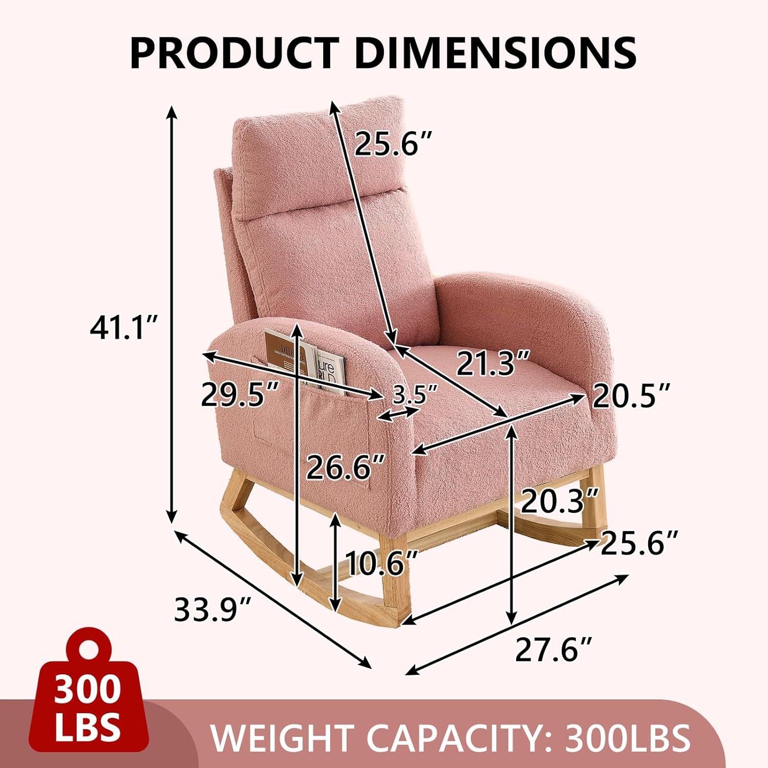 Modern Nursery Rocking Chair, Teddy Upholstered Glider Chair with High Back and Side Pocket, Comfy Accent Armchair with Wood Legs, Recliner Chair for Living Room (Pink)