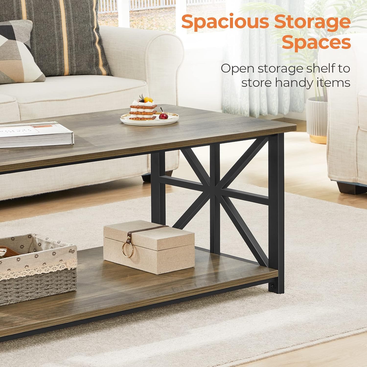 Coffee Table for Living Room with Round Corners Farmhouse Style Center Table with Storage Shelf