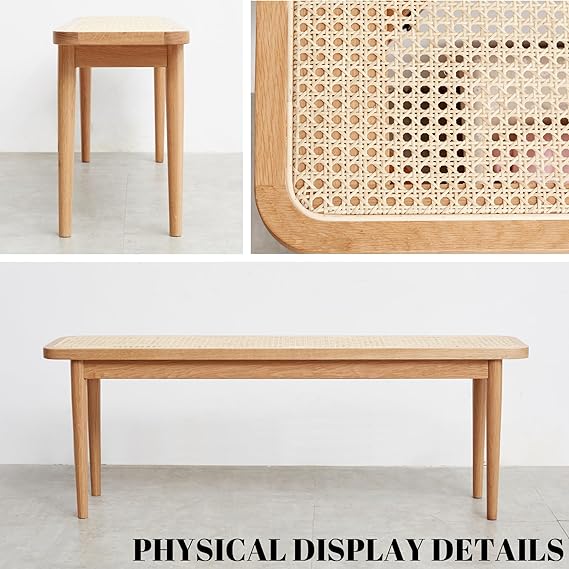 Wood Dining Bench,100% Natural Solid Oak Bed Bench with Rattan Design, Rounded Edge, Bench for Entryway Hall, Dining Room,Bedroom, Living Room (Natural Color, 39.37 inch)