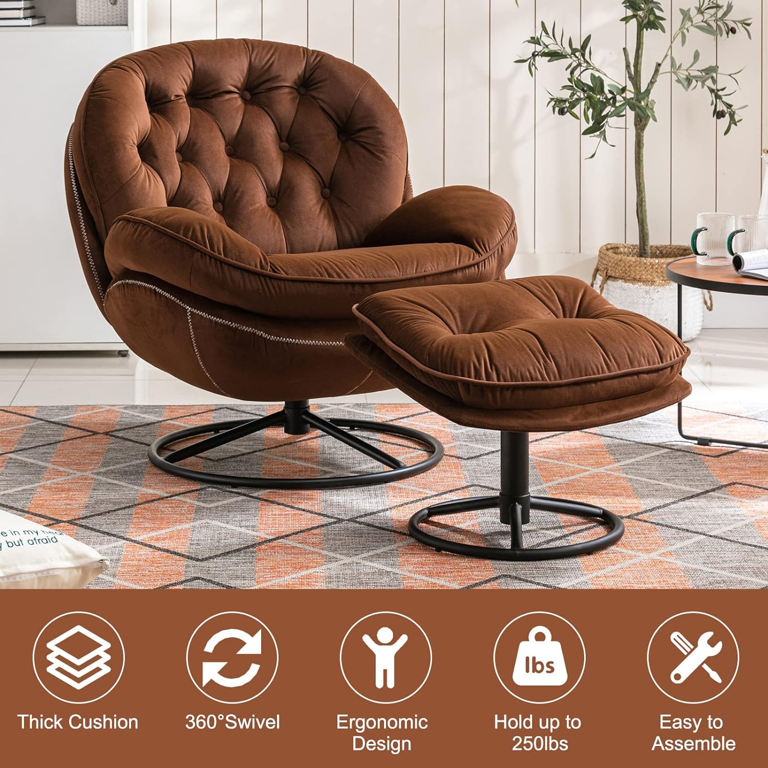 Swivel Velvet Accent Chair with Ottoman, Upholstered Lounge Chair with Footrest Comfy with 360° Swiveling Cushioned Recliner Armchair for Living Room Bedroom Office (Brown)