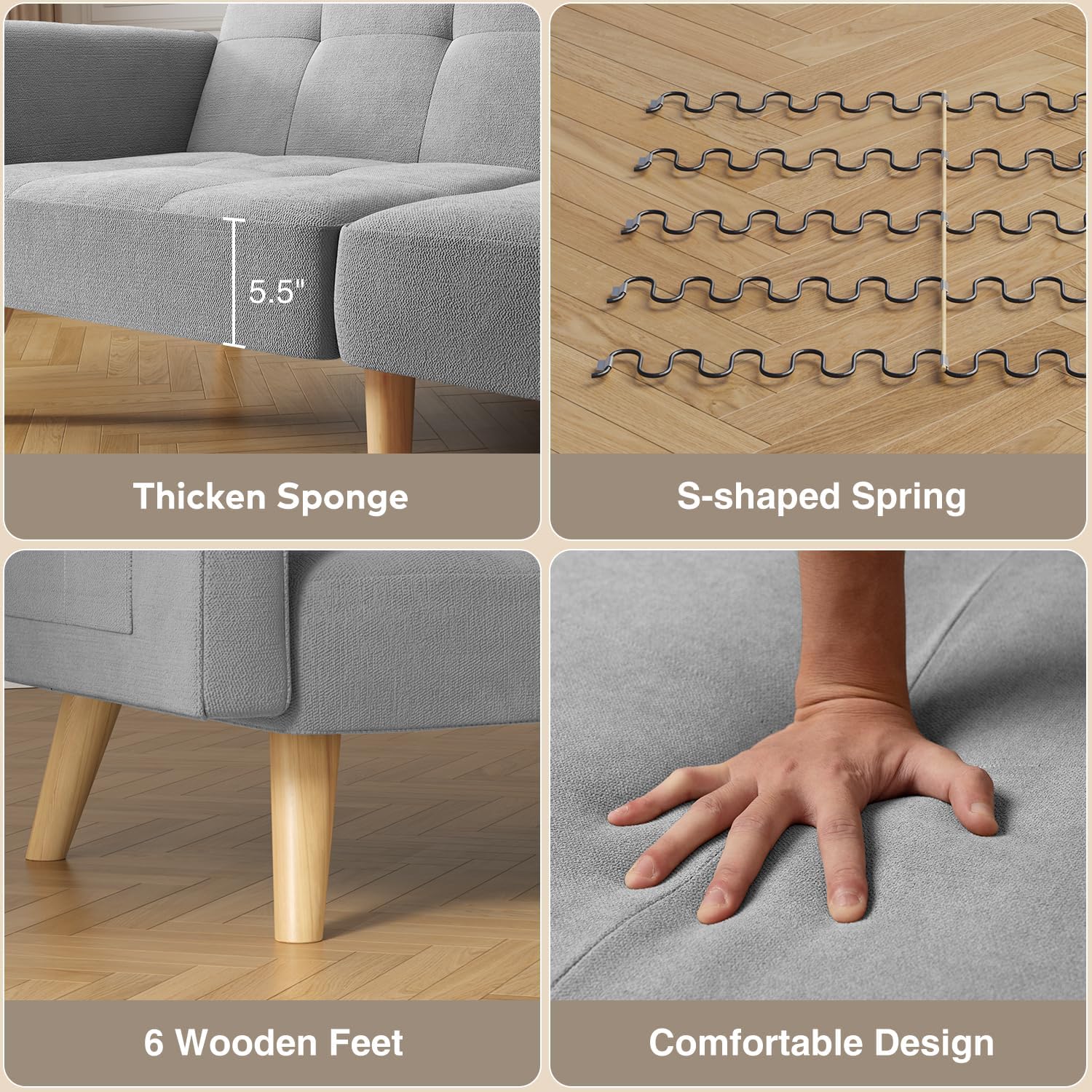 70.9" Sleeper Sofa with Adjustable Backrest, Modern Folding Daybed for Living Room, Dorm, Bedroom, Apart, 6 Legs and 2 Extra Support Rods, Removable Armrests