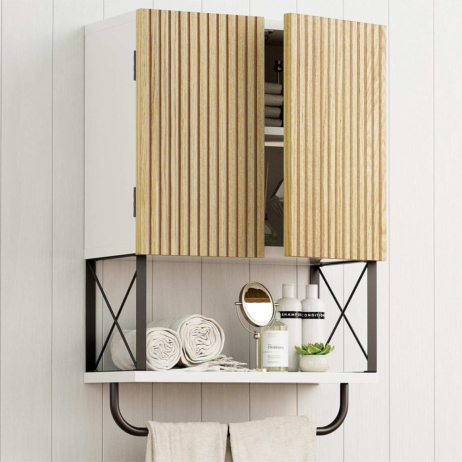 Fluted Bathroom Wall Medicine Cabinet - Hanging Bathroom Wall Mounted Cabinet with Towel Bar