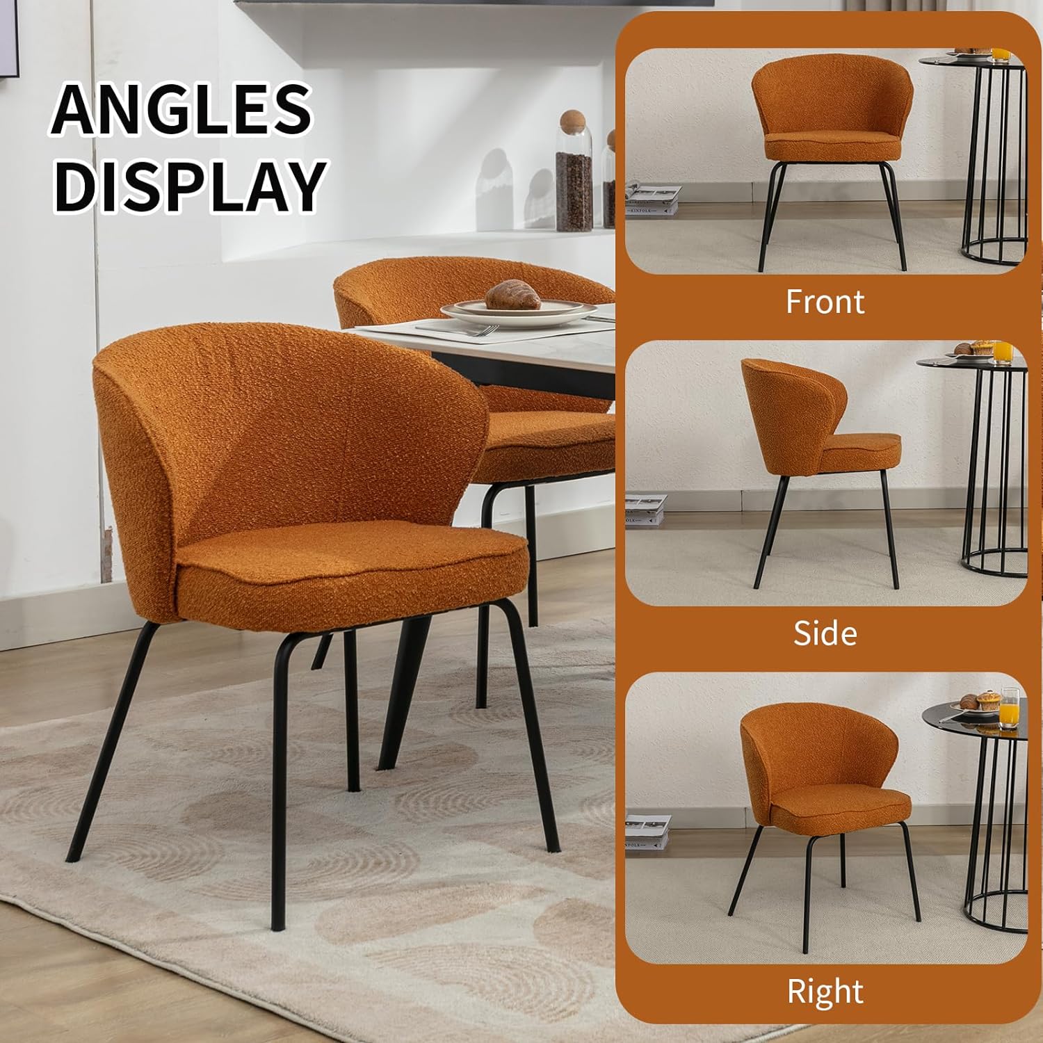 Modern Dining Chair, Boucle Upholstered Side Chair with Curved Backrest, Accent Chair with Metal Legs, Comfy Leisure Chair, Vanity Chair for Dining Room (Caramel, 1 Chair)