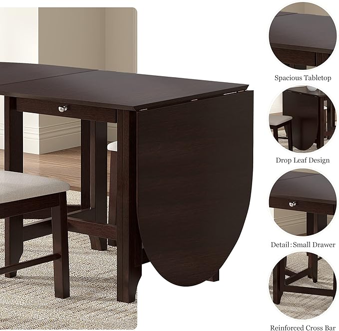 84.65" Wood Dining Table,Retro Drop-Leaf Table Rustic Rubberwood Dining Table