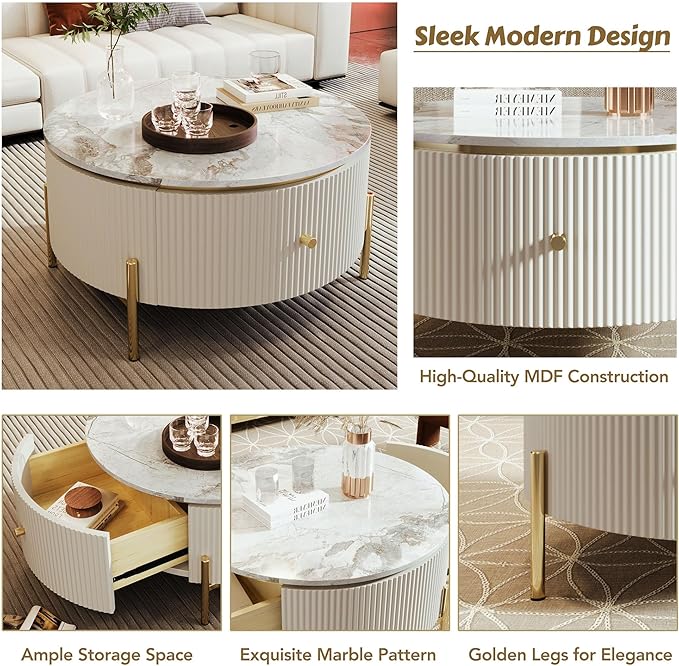 31.5" Round Coffee Table with Storage, Modern Round Coffee Table