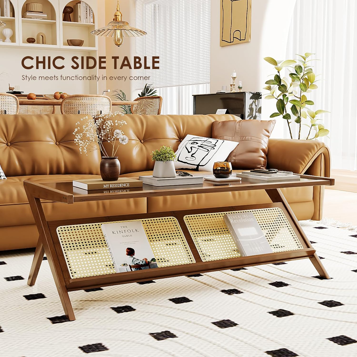 Mid-Century Modern Coffee Table with Glass Top Rattan Center Table