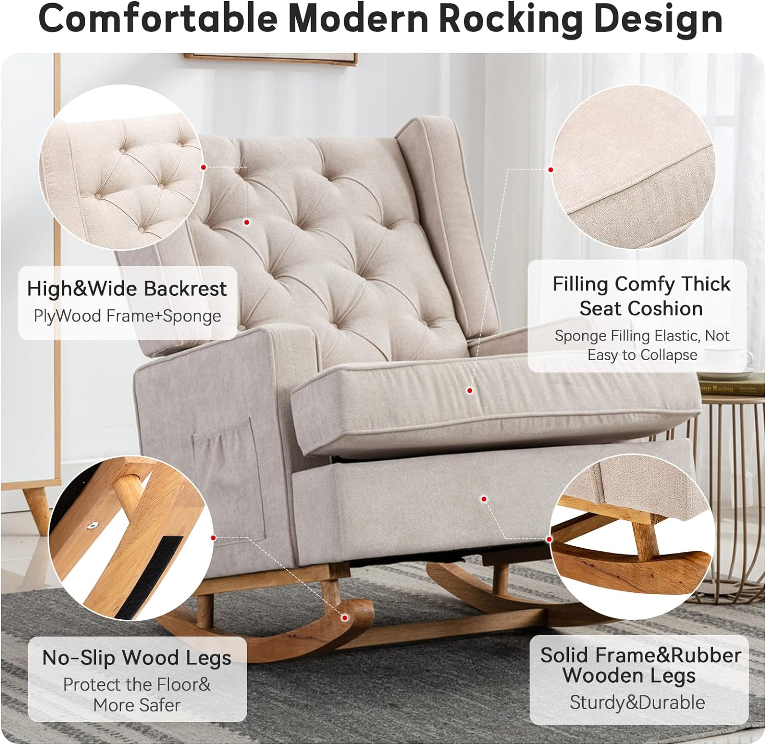 Nursery Rocking Chair Upholstered Rocking Accent Chair Glider Rocker Linen Padded Seat with High Backrest Armchair Comfy Side Chair for Living Room Bedroom Offices (Beige)