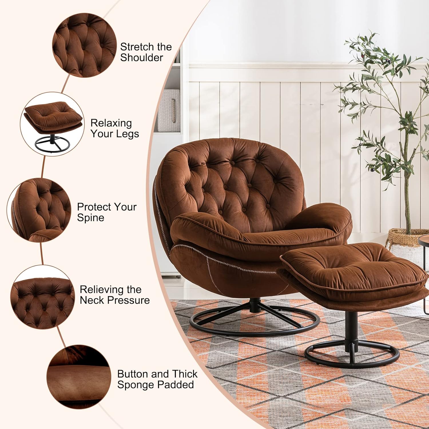 Swivel Velvet Accent Chair with Ottoman, Upholstered Lounge Chair with Footrest Comfy with 360° Swiveling Cushioned Recliner Armchair for Living Room Bedroom Office (Brown)