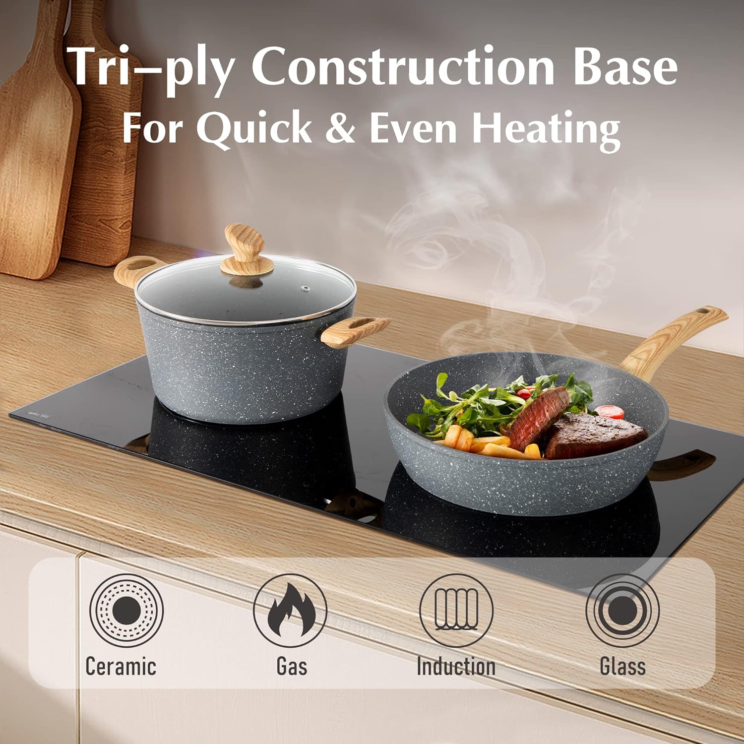 Pots and Pans Set Non Stick, 12 Piece Kitchen Cookware Sets, Grey Granite Induction Compatible Cookware Set, Pot and Pan Sets for Cooking Nonstick