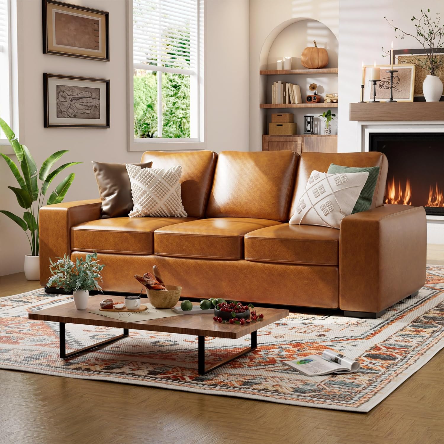 85" Luxury 3 Seater Sofa Couch for Living Room, Modern Upholstered Faux Leather Sofas Couches with Extra Deep Seats&Removable Cover, Comfy Sofa Couch