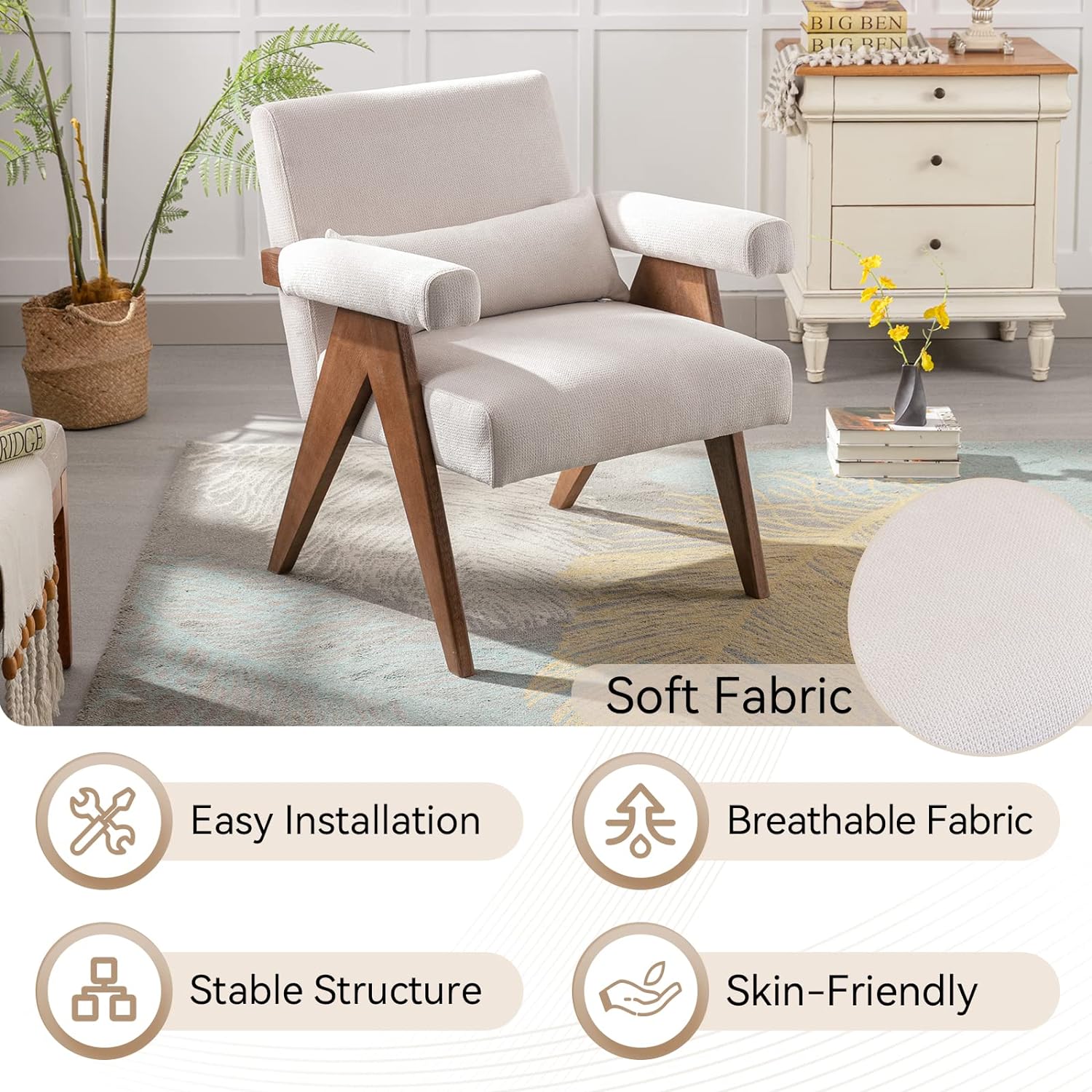 Mid-Century Modern Accent Chair, Solid Wood Arm Chair, Linen Fabric Padded Accent Chair, Reading Chair with Pillow, Upholstered Lounge Chair for Living Room, Bedroom (Cream)