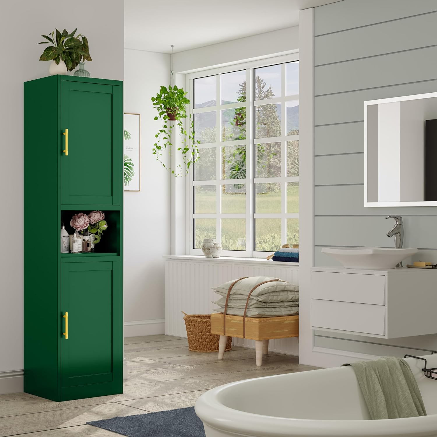 Tall Bathroom Storage Cabinet, 67" H Slim Corner Floor Cabinet with 2 Doors and 3 Adjustable Shelves, Small Space Narrow Bathroom Organizer
