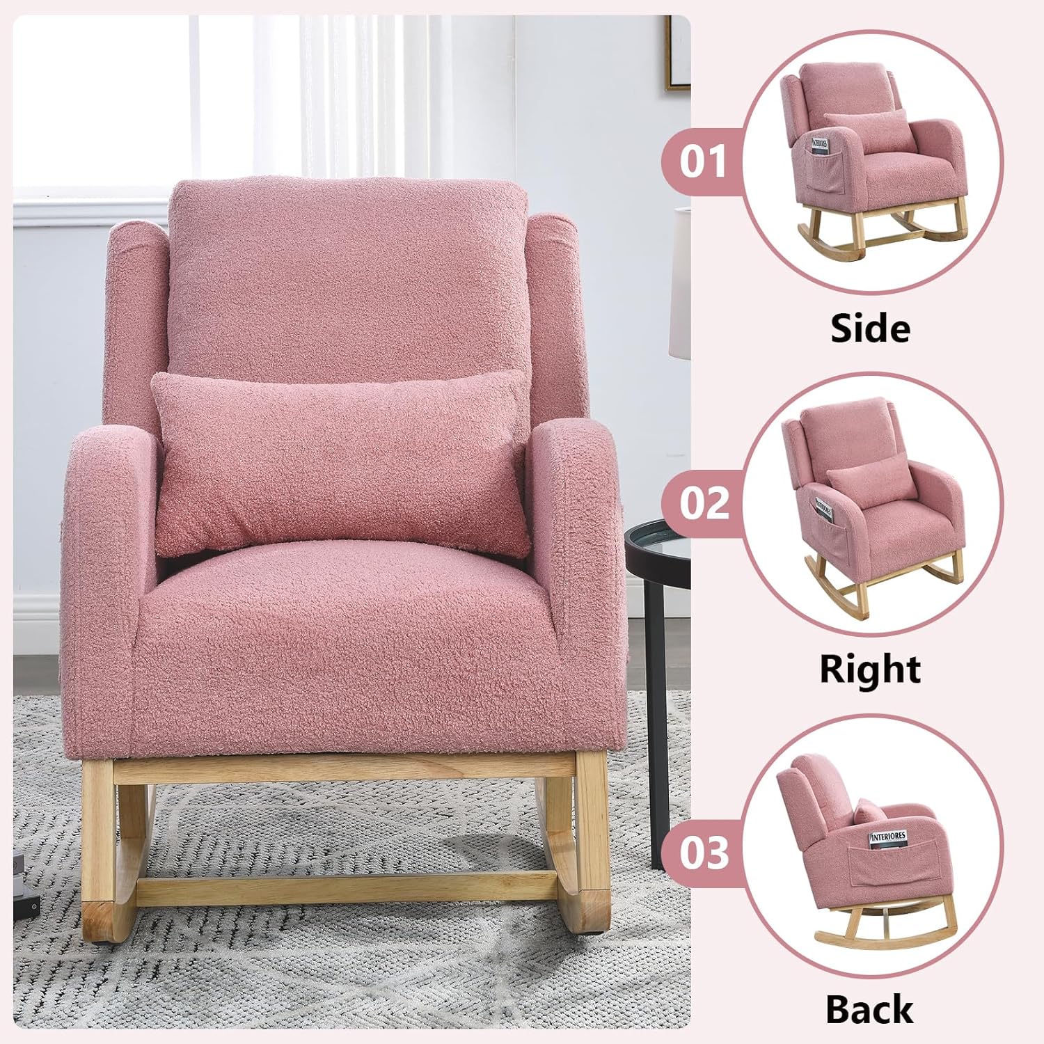 Nursery Rocking Chair, Modern High Back Armchair with Side Pockets, Glider Rocker with Padded Seat, Lumbar Pillow and Wood Base, Accent Chair for Living Room, Bedroom (Pink Teddy)
