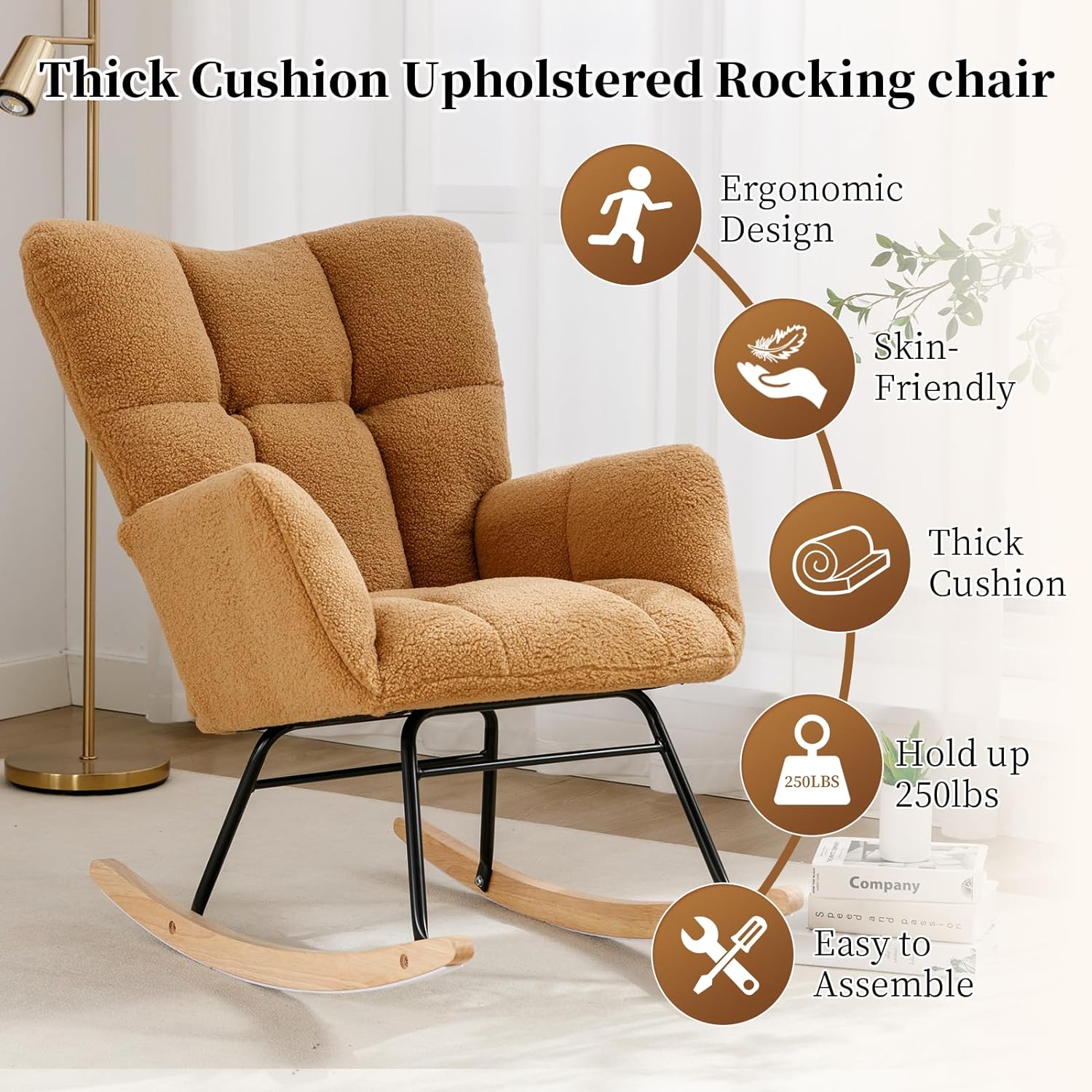Nursery Rocking Chair Teddy Upholstered Glider Rocker Rocking Accent Chair Padded Seat with High Backrest Armchair Comfy Side Chair for Living Room Bedroom Offices (Blue Velvet)