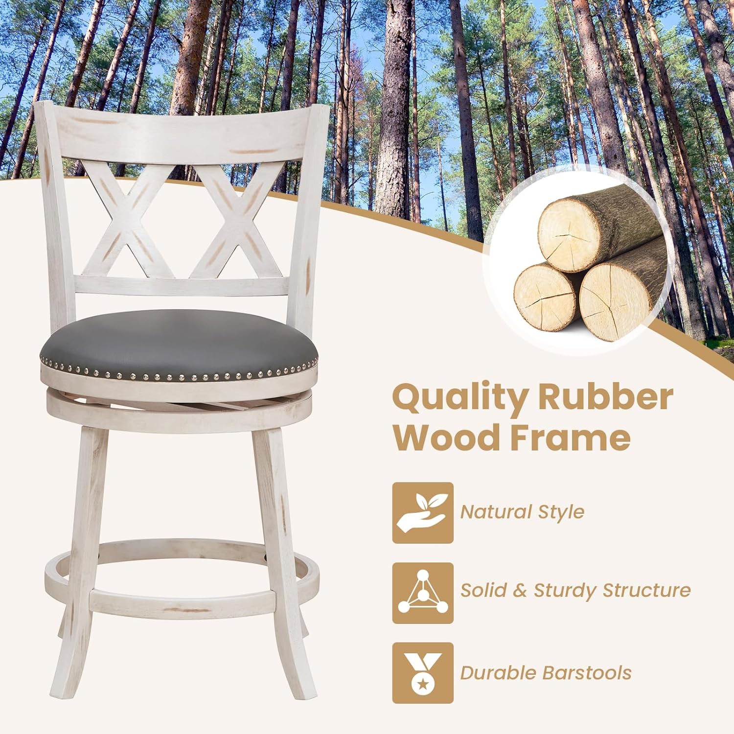 25.5" Bar Stools Set of 2, Swivel Counter Height Stools w/Back, 20" Wide Padded Seat, Rubber Wood Frame, Armless Farmhouse Barstools for Kitchen Island, Café, Pub, Dining Room, Antique White