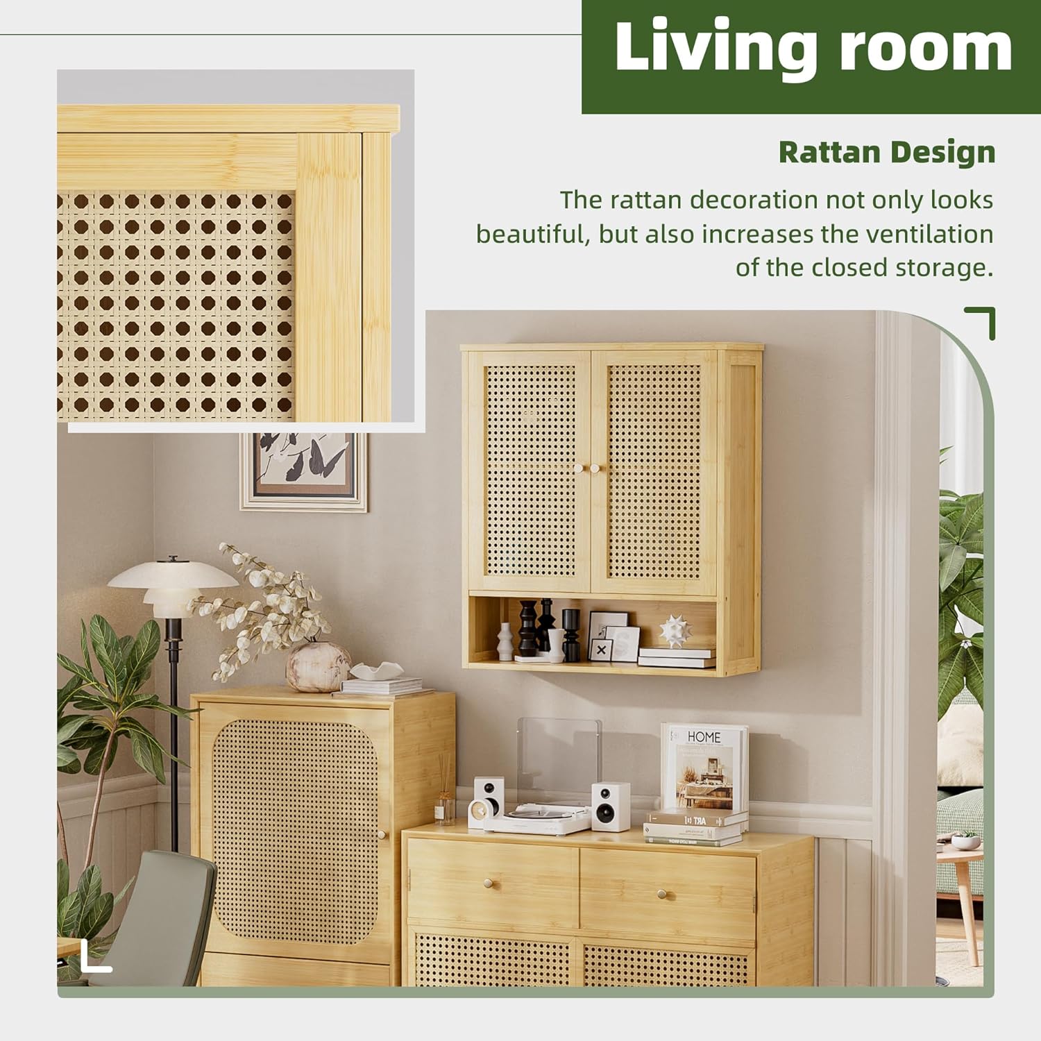 Bathroom Wall Cabinet, Bamboo Over-The-Toilet Storage Organizer with 2 Rattan Doors and Adjustable Shelf