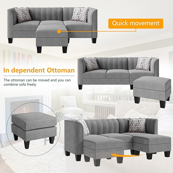 Upgraded Convertible Sectional Sofa Couch, 3 Seat L Shaped Sofa with High Armrest Linen Fabric Small Couch Mid Century for Living Room, Apartment and Office (Light Grey)
