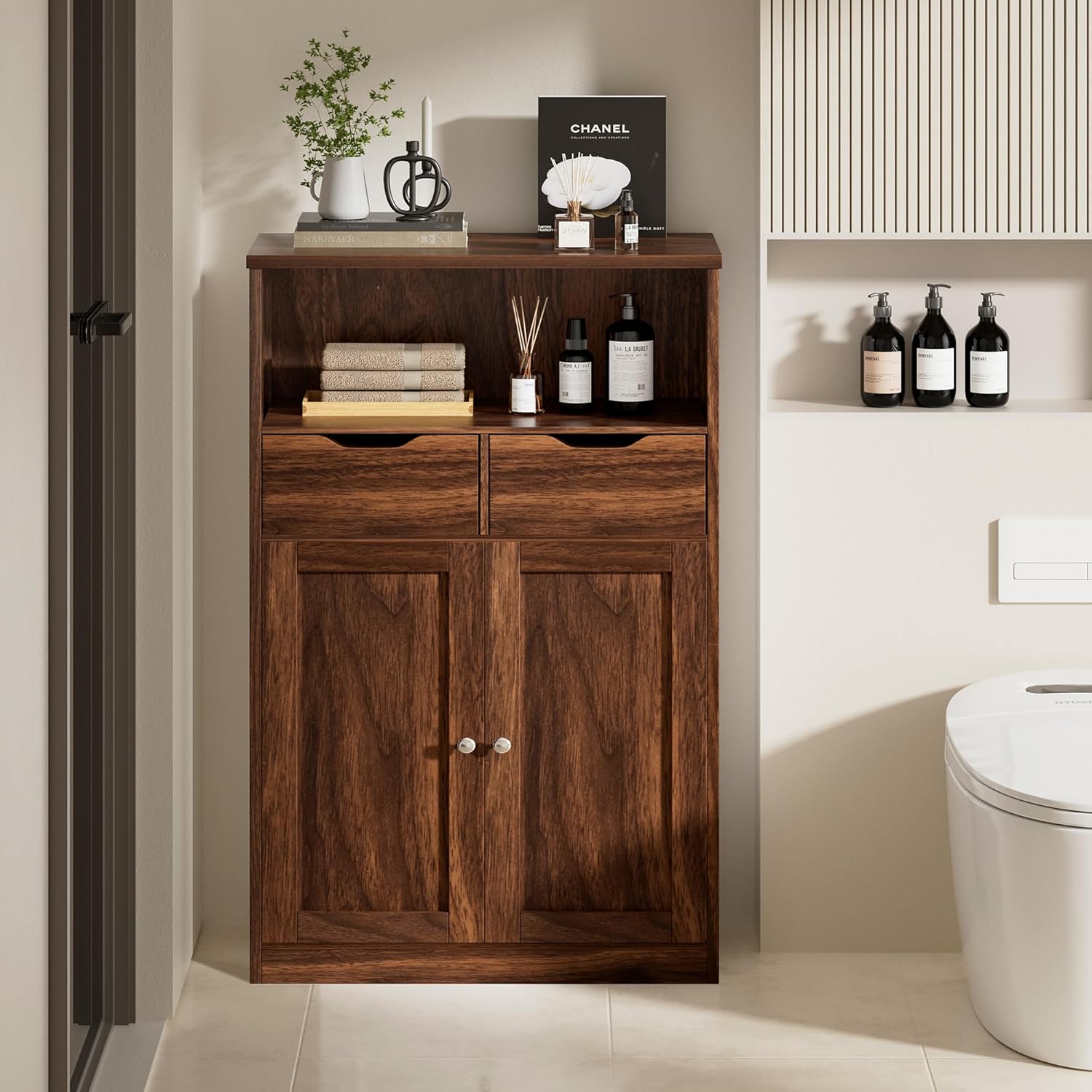 Bathroom Storage Cabinet, Freestanding Pantry Cabinet with 2 Drawers and Adjustable Shelves, Wooden Floor Storage Organizer for Bathroom