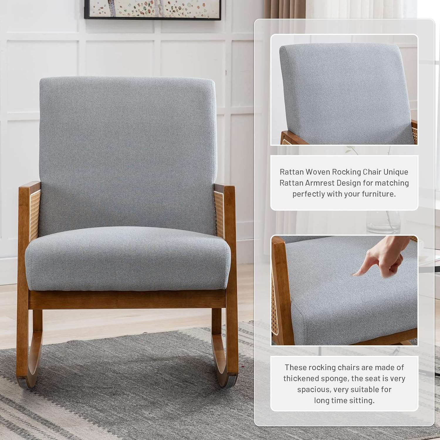 Nursery Rocking Chair with Wood Frames, Mid Century Upholstered Farmhouse Living Room Armchair, Comfy Glider Rocker for Nursery Living Room Bedroom Reading Indoor (Light Grey)