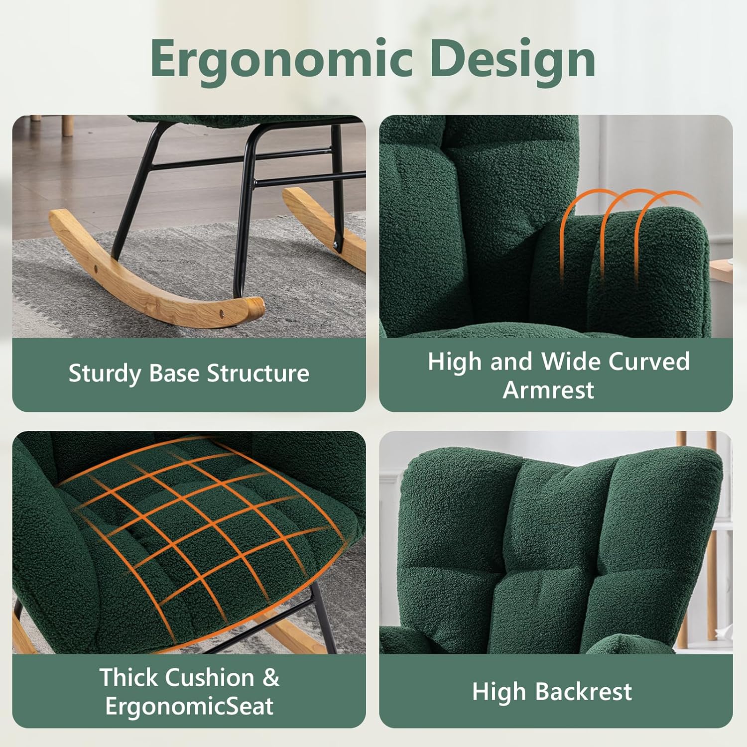 Nursery Rocking Chair Teddy Upholstered Glider Rocker Rocking Accent Chair Padded Seat with High Backrest Armchair Comfy Side Chair for Living Room Bedroom Offices (Green)