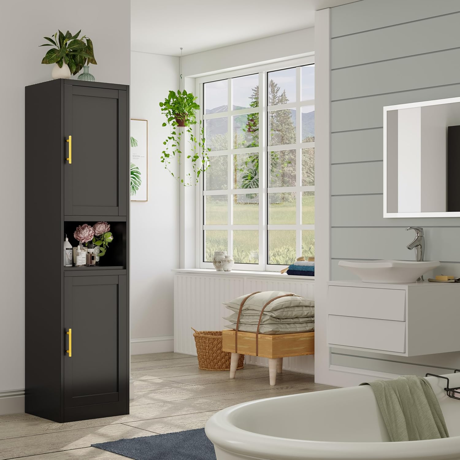 Tall Bathroom Storage Cabinet, 71" H Slim Corner Floor Cabinet with 2 Doors and 3 Adjustable Shelves