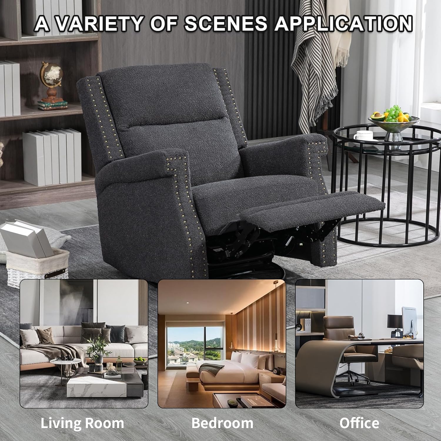 Nursery Rocking Chair, Upholstered Recliner Chair with Rivet Decoration, 360 Degree Swivel Chair with Adjustable Footrest, Glider Chair for Living Room, Bedroom (Black)