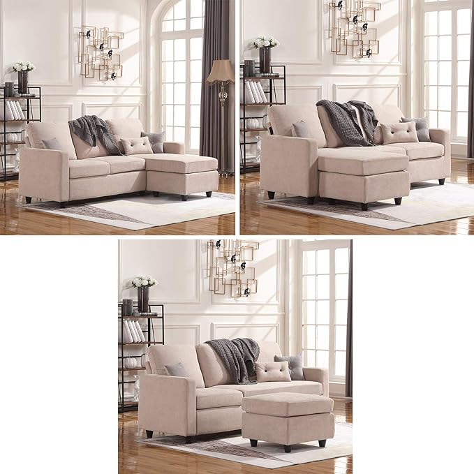 L Shaped Couch with Linen Fabric, Convertible, Reversible Sectional Sofa for Small Space, Dark Beige