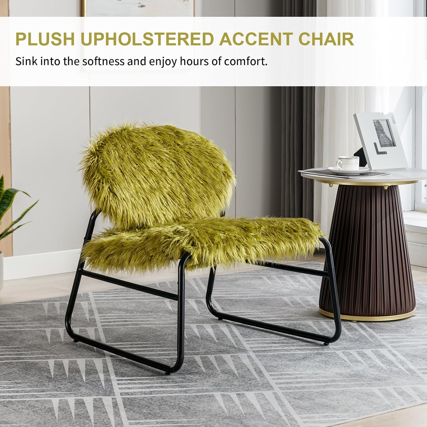 Plush Upholstered Accent Chair, Modern Industrial Style Armless Chair with Metal Frame, Leisure Single Sofa Chair, Reading Chair for Living Room (Olive)