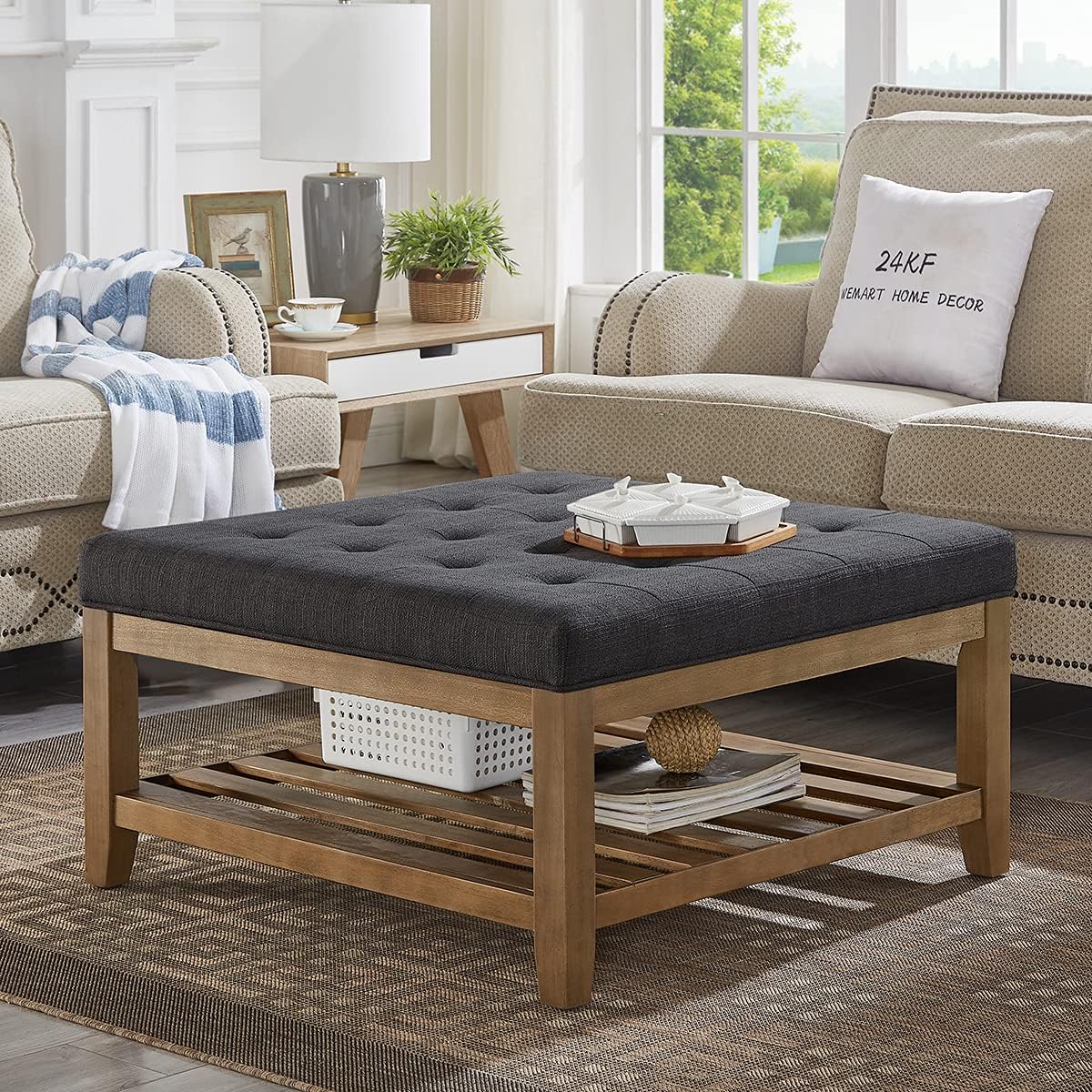 Large Square Upholstered Tufted Linen Ottoman Coffee Table