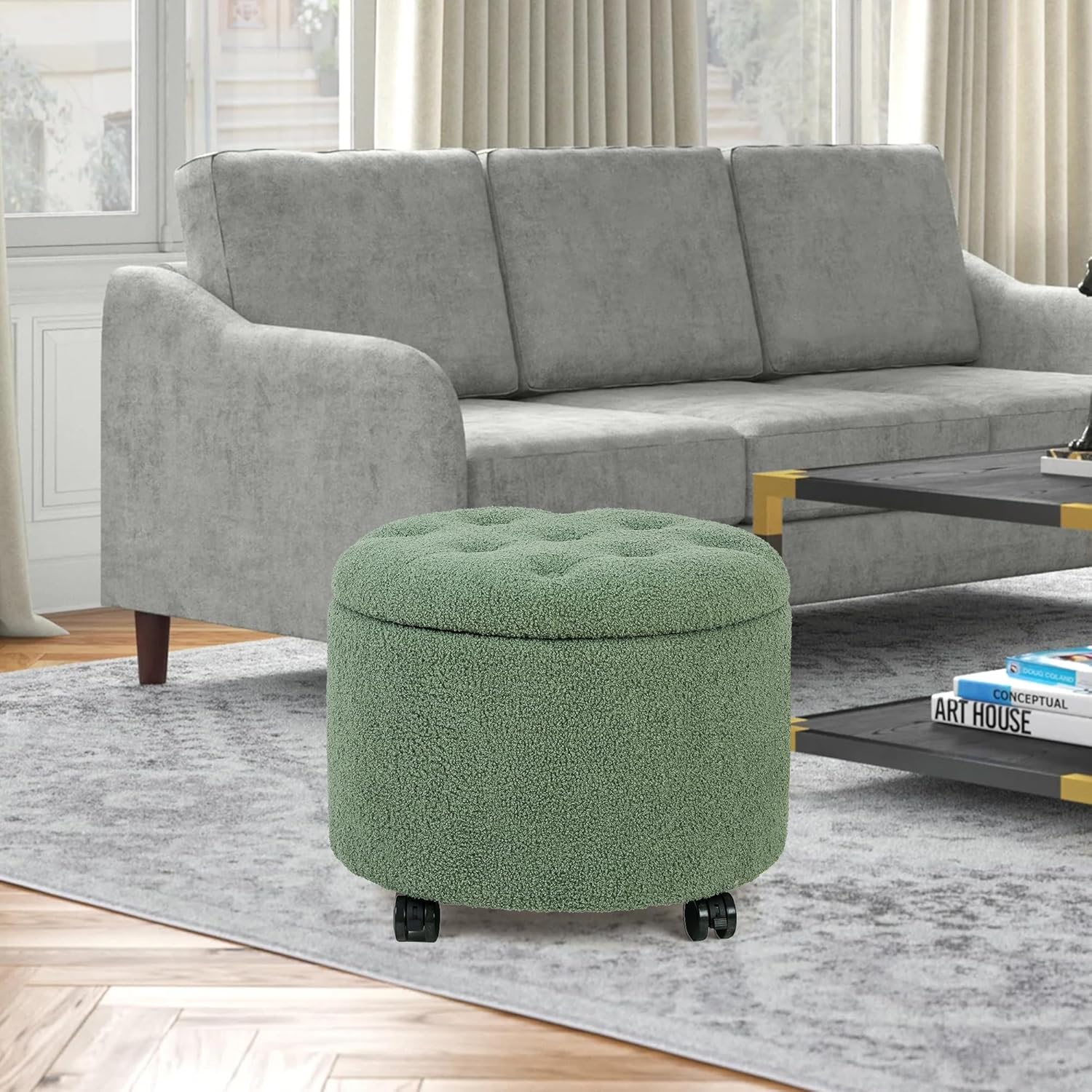 Teddy Fleece Cushion Round Button Tufted Storage Footstool, Height 16 Inches Storage Ottoman