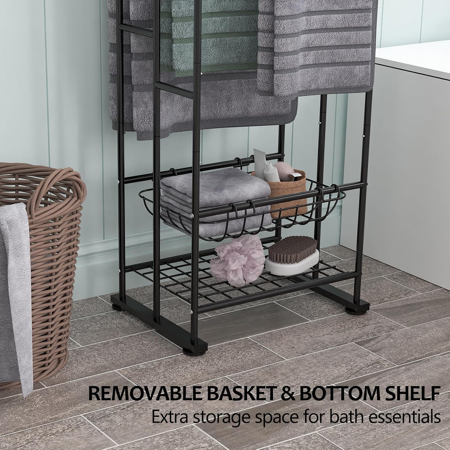 3 Tier Freestanding Towel Rack for Bathroom, 40" Tall Floor Standing Towel Racks with Storage Basket and Shelf