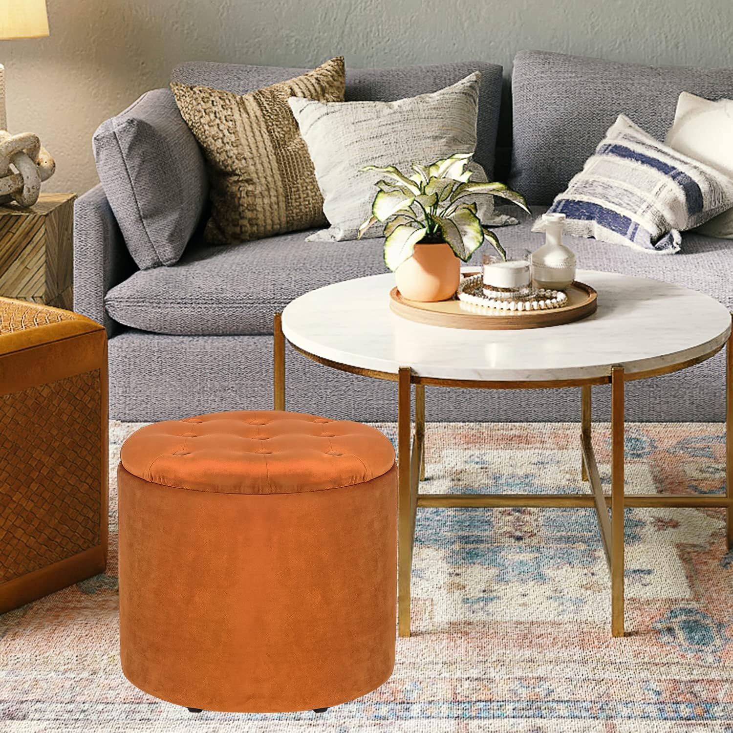 14.6" Orange Round Storage Tufted Ottomans with Removable Lid