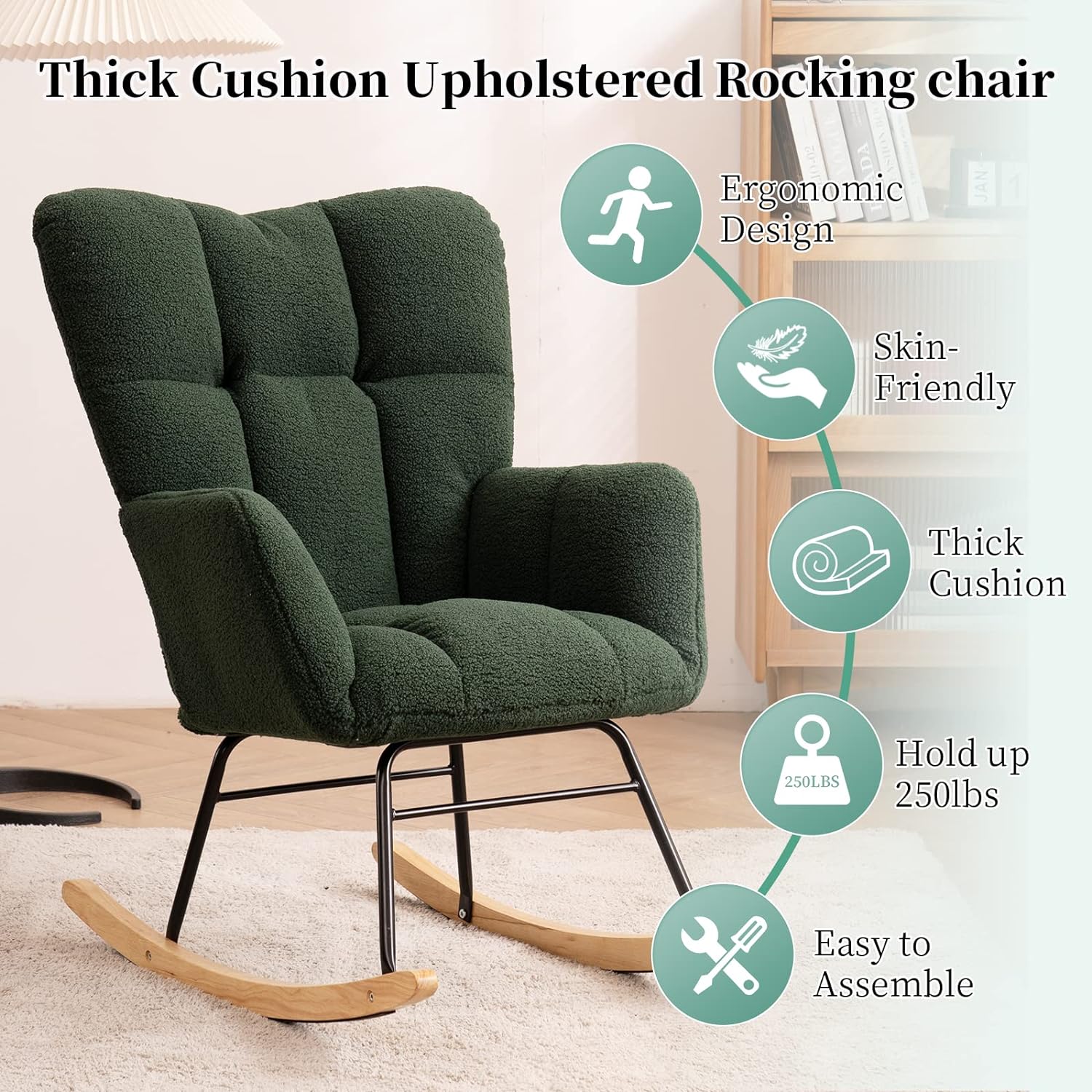 Nursery Rocking Chair Teddy Upholstered Glider Rocker Rocking Accent Chair Padded Seat with High Backrest Armchair Comfy Side Chair for Living Room Bedroom Offices (Green)
