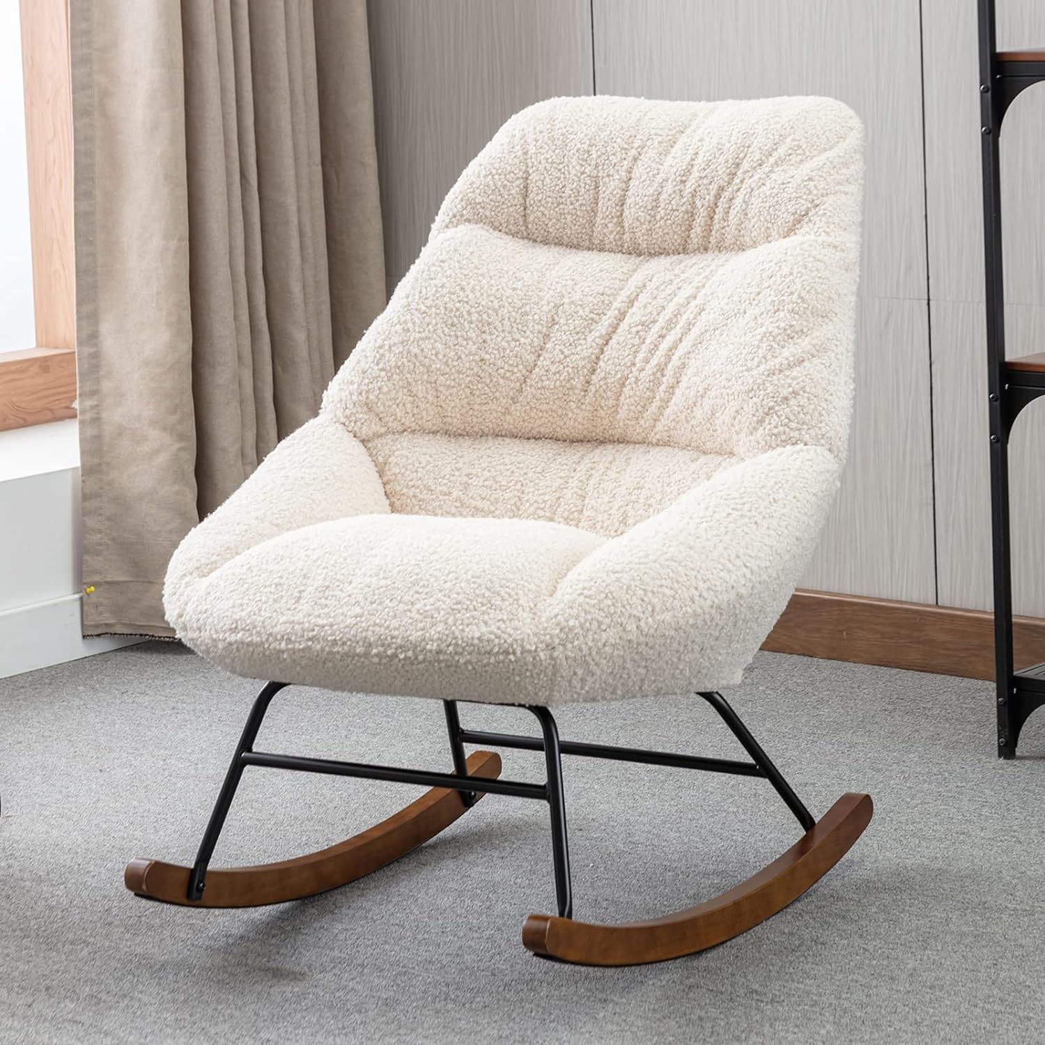 Nursery Rocking Chairs, Accent Rocking Chair with Solid Metal Legs, Upholstered Velvet Glider Rockers with High Backrests for Mom, Gifts, Living Room, Bedroom (Beige Boucle)