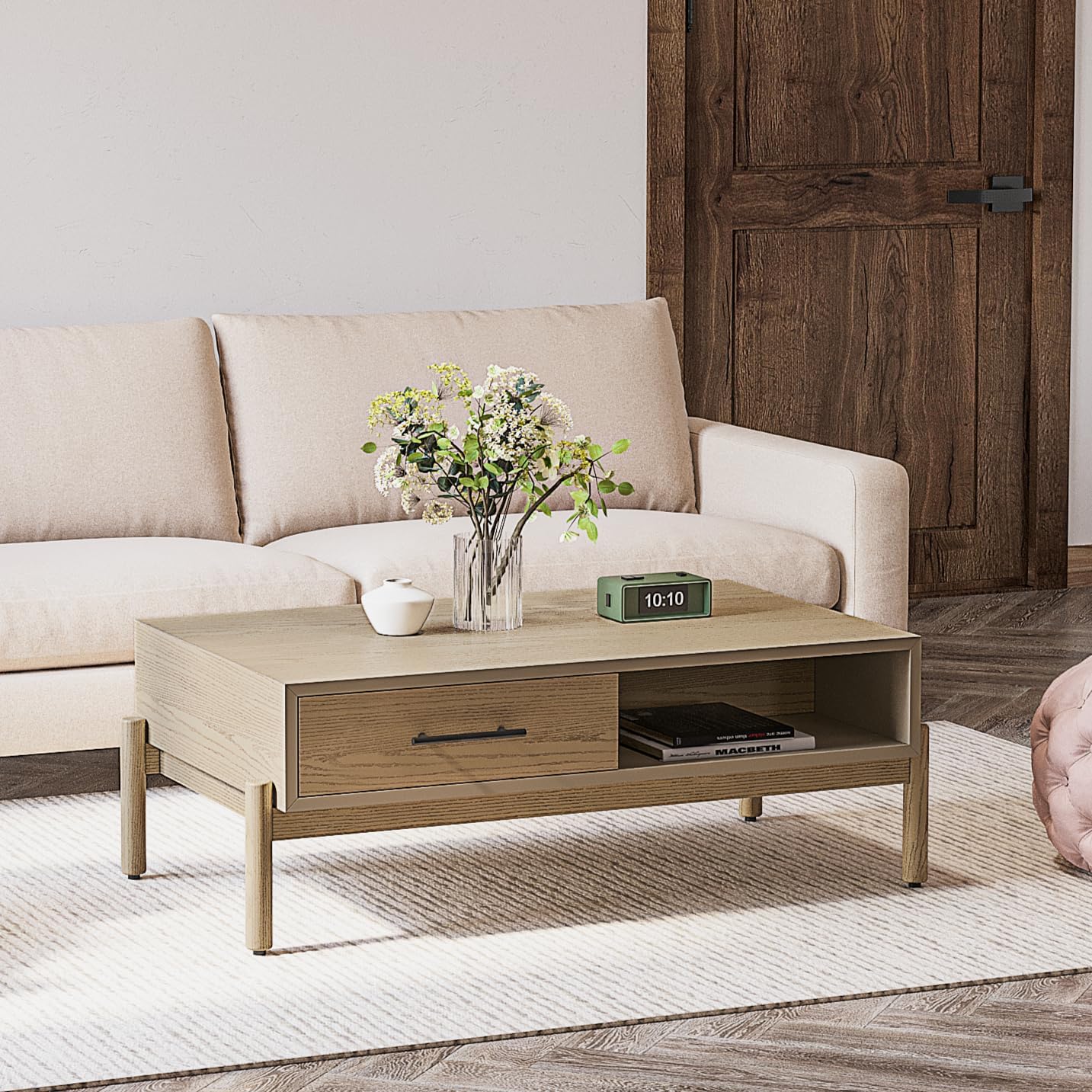 Solid Wood Rectangle Coffee Table for Living Room - Mid Century Modern Center Table with Storage