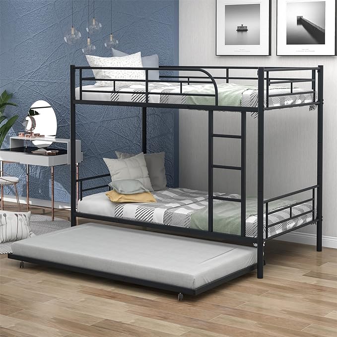 Metal Bunk Bed with Trundle Twin Over Twin Bunk Bed Frame with Ladder and Safety Rails for Kids Triple Metal Bunk Can be Divided into Two beds, Black